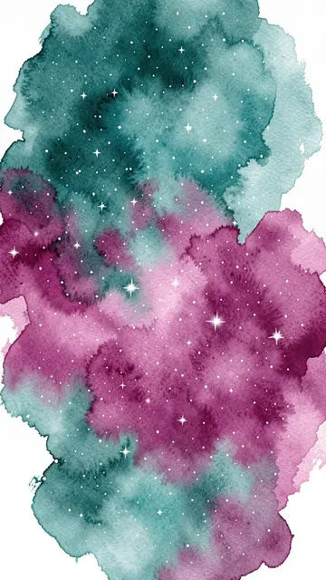 Vertical watercolor nebula with blending teal and magenta washes and scattered white star speckles on a white background