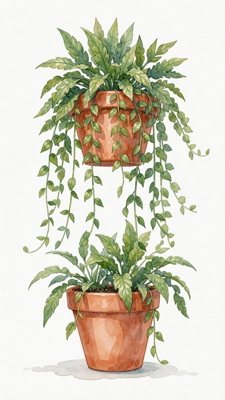 Two stacked terracotta pots holding lush trailing green houseplants rendered in soft watercolor.