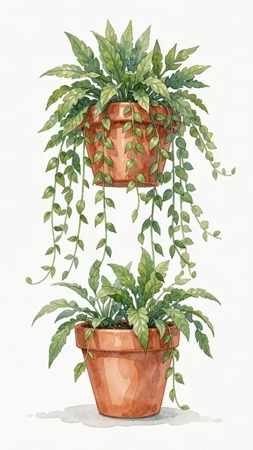 Two stacked terracotta pots holding lush trailing green houseplants rendered in soft watercolor.