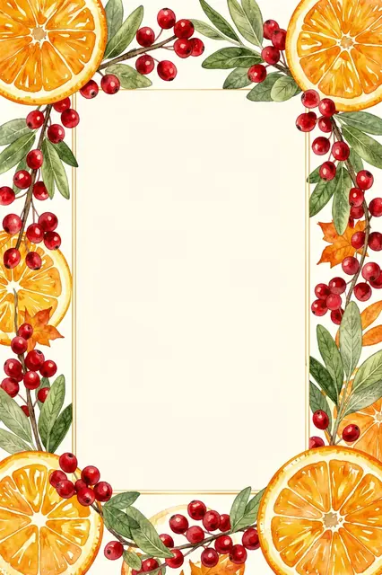 A watercolor frame of orange slices, cranberries, and green leaves surrounds an empty cream copy space center.