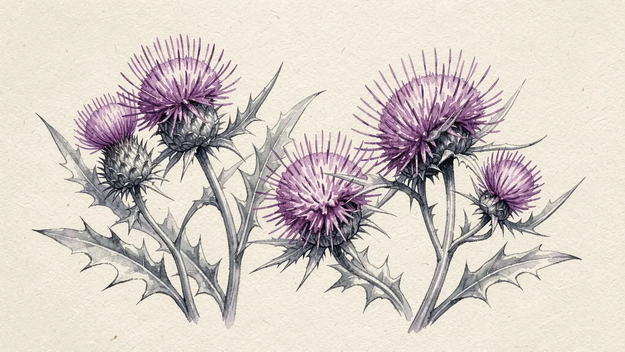 Hand-painted purple thistle flowers with spiky silvery leaves on textured oatmeal paper