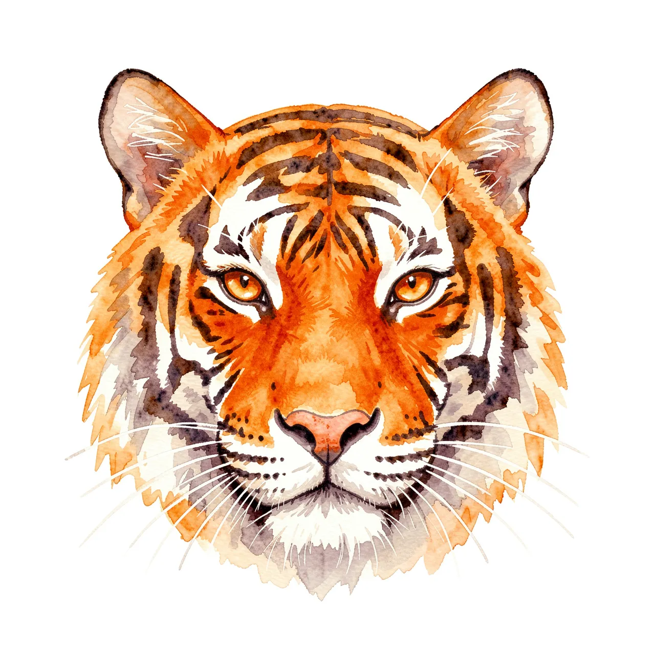 Front view watercolor illustration of a tiger's head with amber eyes on a plain white background