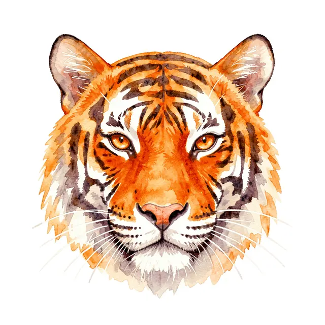 Front view watercolor illustration of a tiger's head with amber eyes on a plain white background