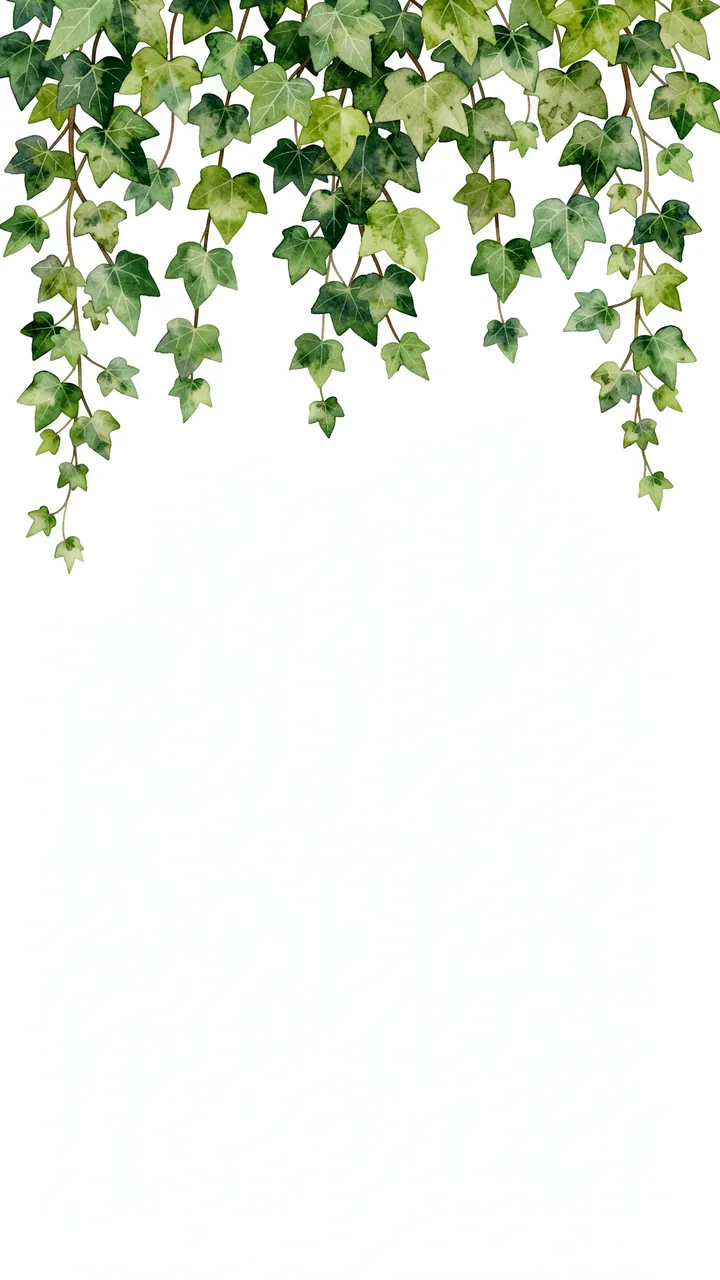 Delicate watercolor ivy vines trail down from the top edge of a tall blank white background