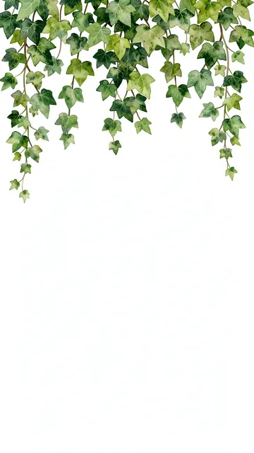 Delicate watercolor ivy vines trail down from the top edge of a tall blank white background