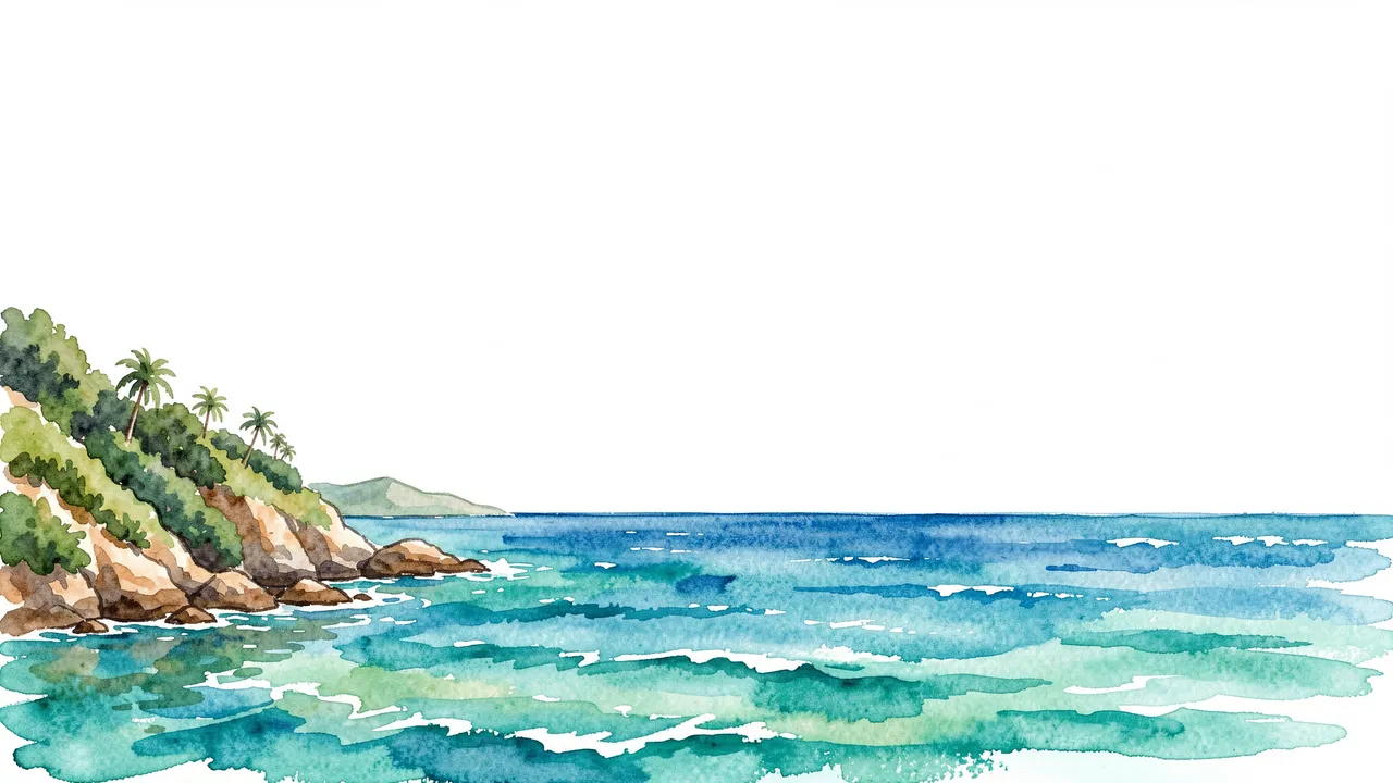 Watercolor illustration of a rocky tropical coastline with turquoise shallows and large blank upper copy space