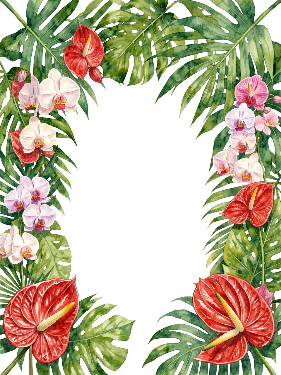 Watercolor arch of tropical leaves, orchids and red anthuriums framing empty central white copy space