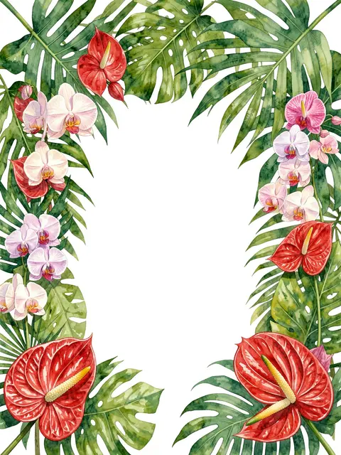 Watercolor arch of tropical leaves, orchids and red anthuriums framing empty central white copy space