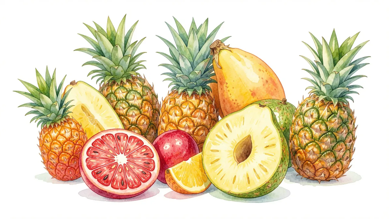 Watercolor illustration of whole and sliced tropical fruits arranged on a plain white background
