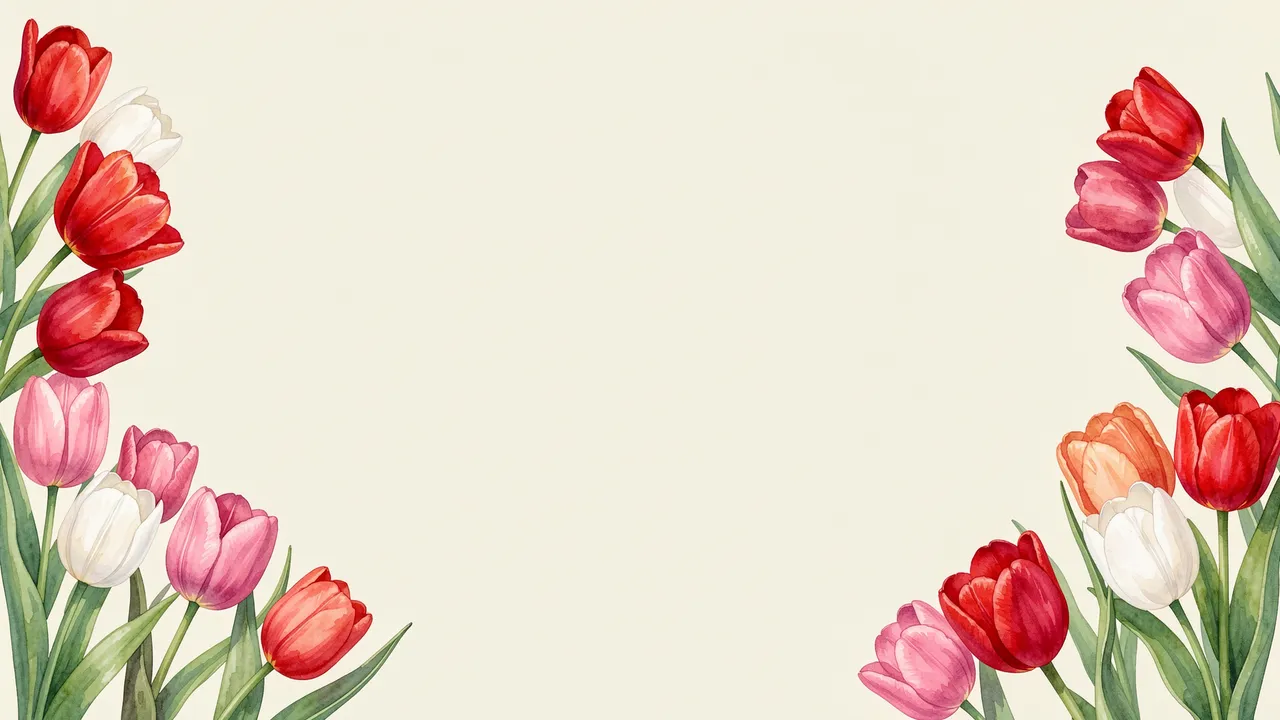Watercolor red, pink, and white tulips frame the left and right edges of a blank cream background