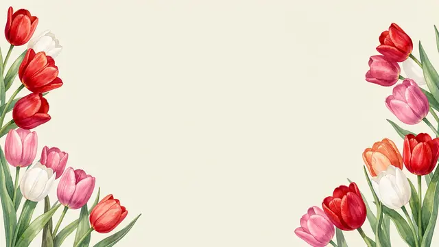 Watercolor red, pink, and white tulips frame the left and right edges of a blank cream background
