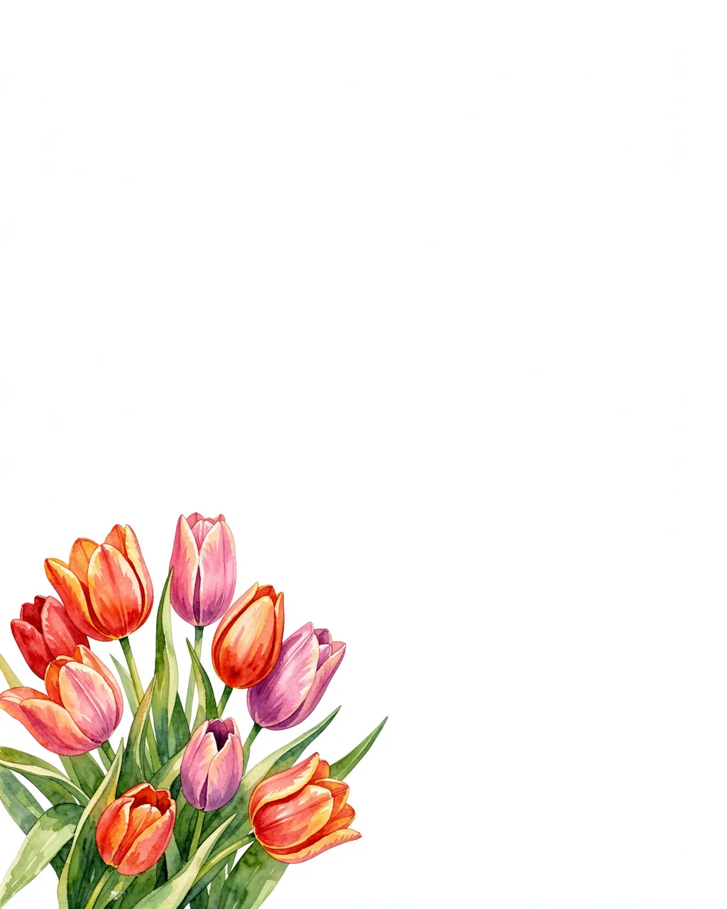 A loose watercolor tulip bouquet sits in the lower left corner with wide blank white copy space above.
