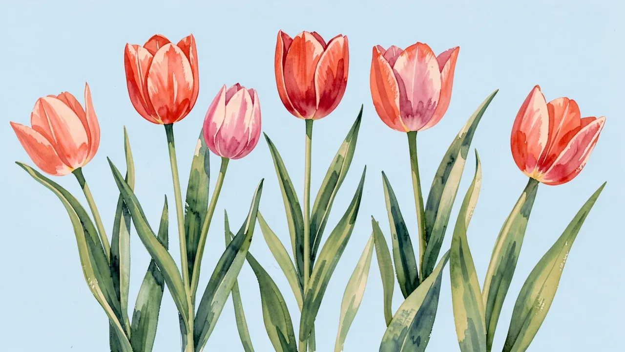 Hand-painted coral, red and pink tulips with long green leaves on a pale blue background