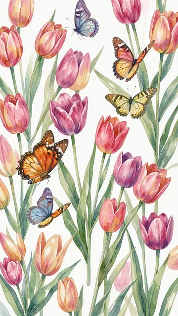 Vertical watercolor illustration of pink, peach and purple tulips with colorful butterflies against a soft white background.