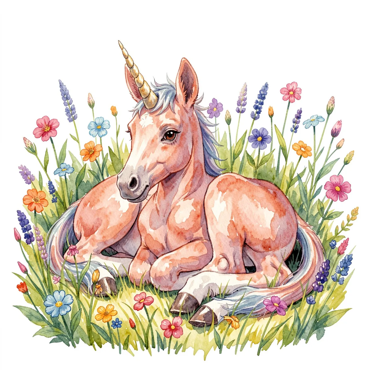 A gentle peach unicorn foal lies resting among colorful wildflowers and green grass in watercolor style