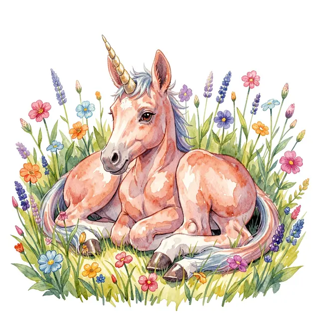 A gentle peach unicorn foal lies resting among colorful wildflowers and green grass in watercolor style