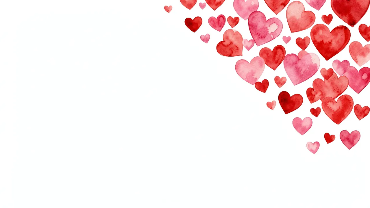 Watercolor red and pink hearts drift from the top right over empty white copy space