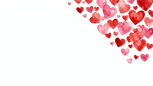 Watercolor red and pink hearts drift from the top right over empty white copy space