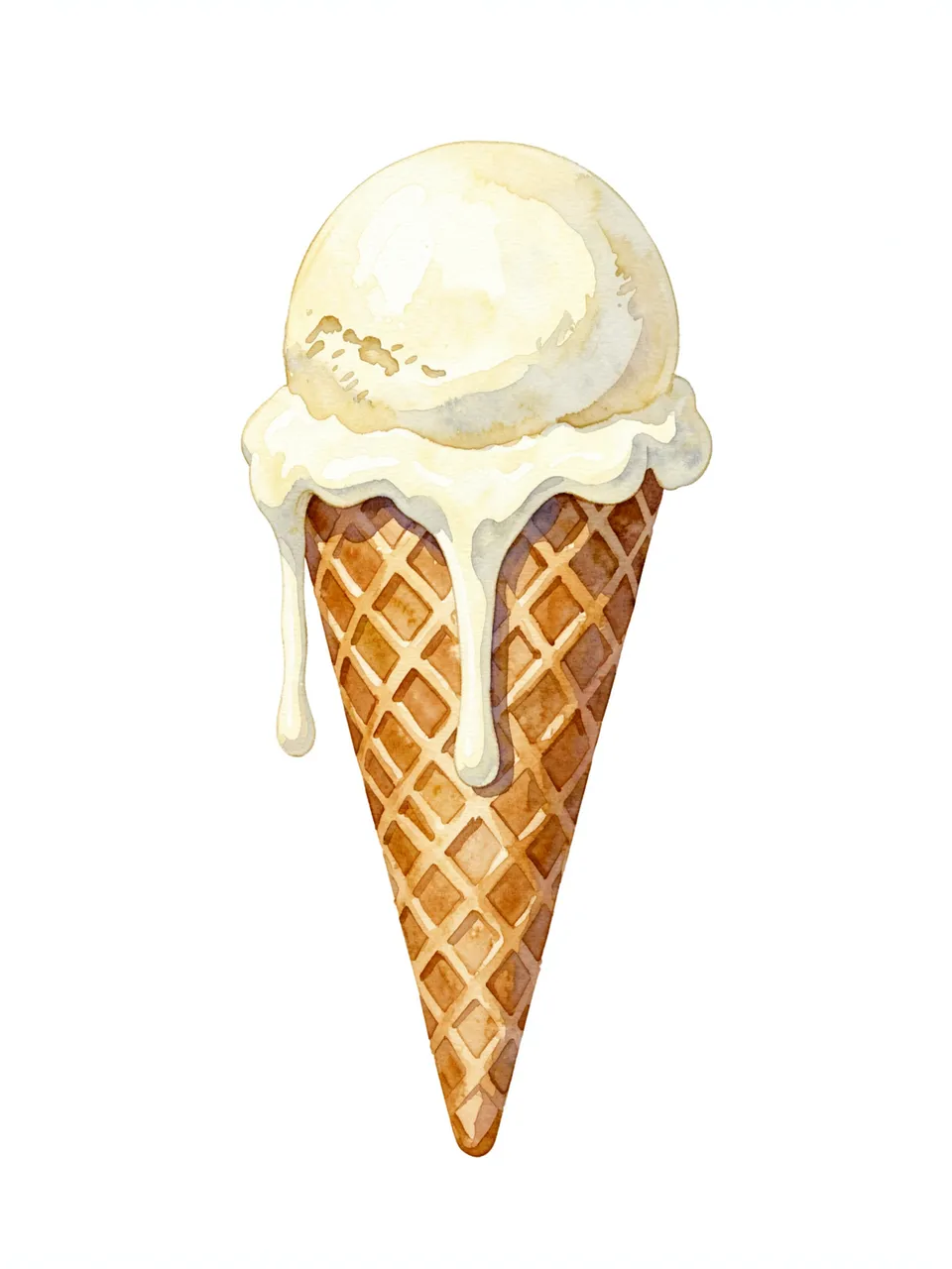 Watercolor illustration of a waffle cone with a melting scoop of vanilla ice cream against a plain white background