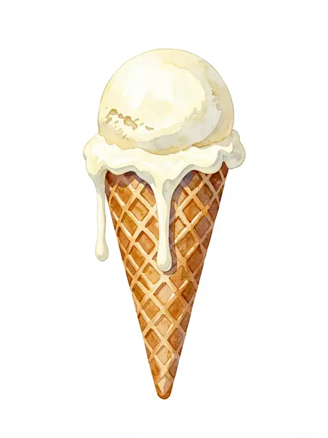 Watercolor illustration of a waffle cone with a melting scoop of vanilla ice cream against a plain white background