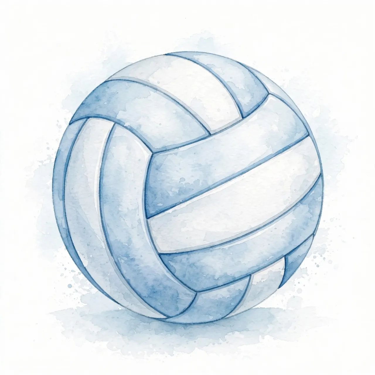 Soft watercolor illustration of a volleyball with pale blue and white panel lines on a light background