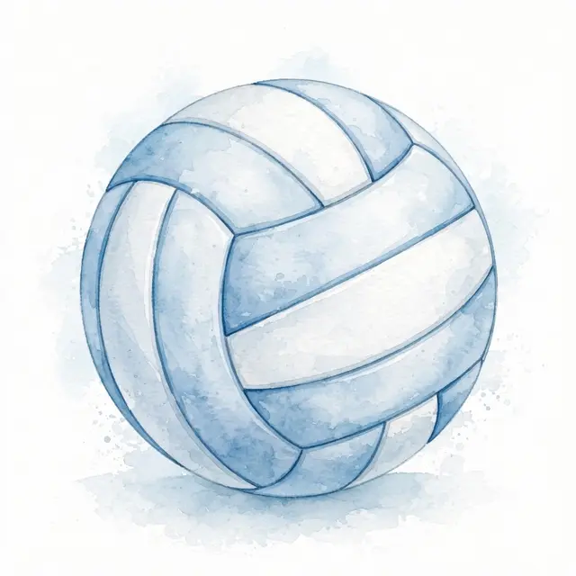 Soft watercolor illustration of a volleyball with pale blue and white panel lines on a light background