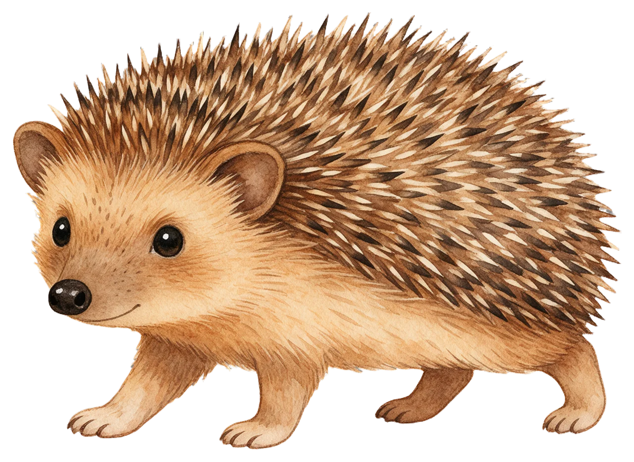 Soft warm watercolor illustration of a friendly walking hedgehog in storybook style
