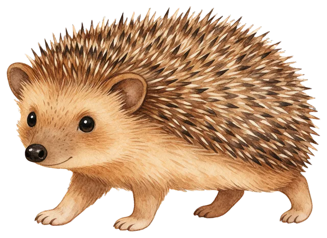 Soft warm watercolor illustration of a friendly walking hedgehog in storybook style