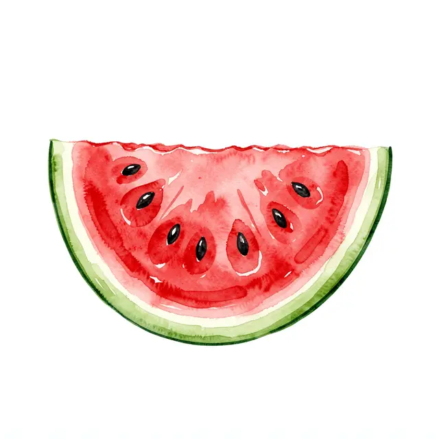 Hand-painted watercolor illustration of a watermelon wedge with black seeds on a plain white background