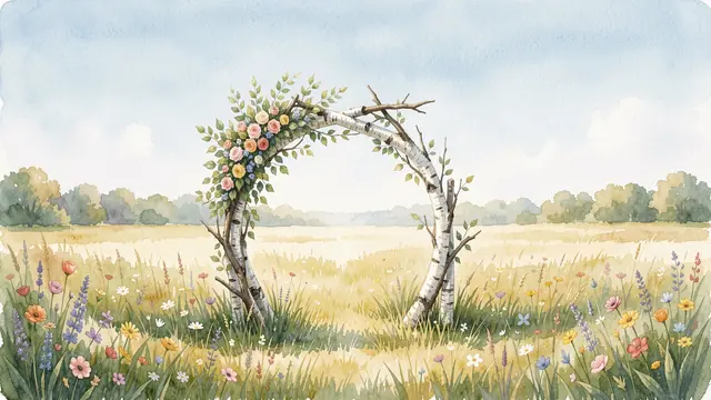 A birch branch wedding arch decorated with flowers stands in a sunlit wildflower meadow under a pale empty sky
