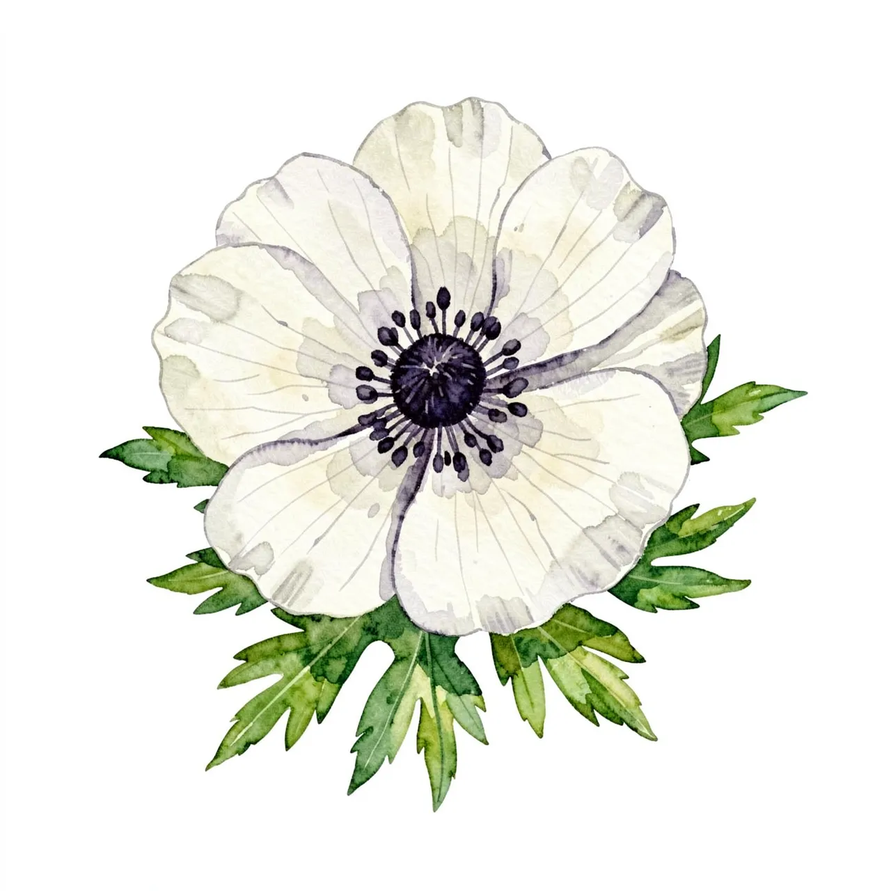 Hand-painted watercolor white anemone with dark purple center and green leaves on a plain white background