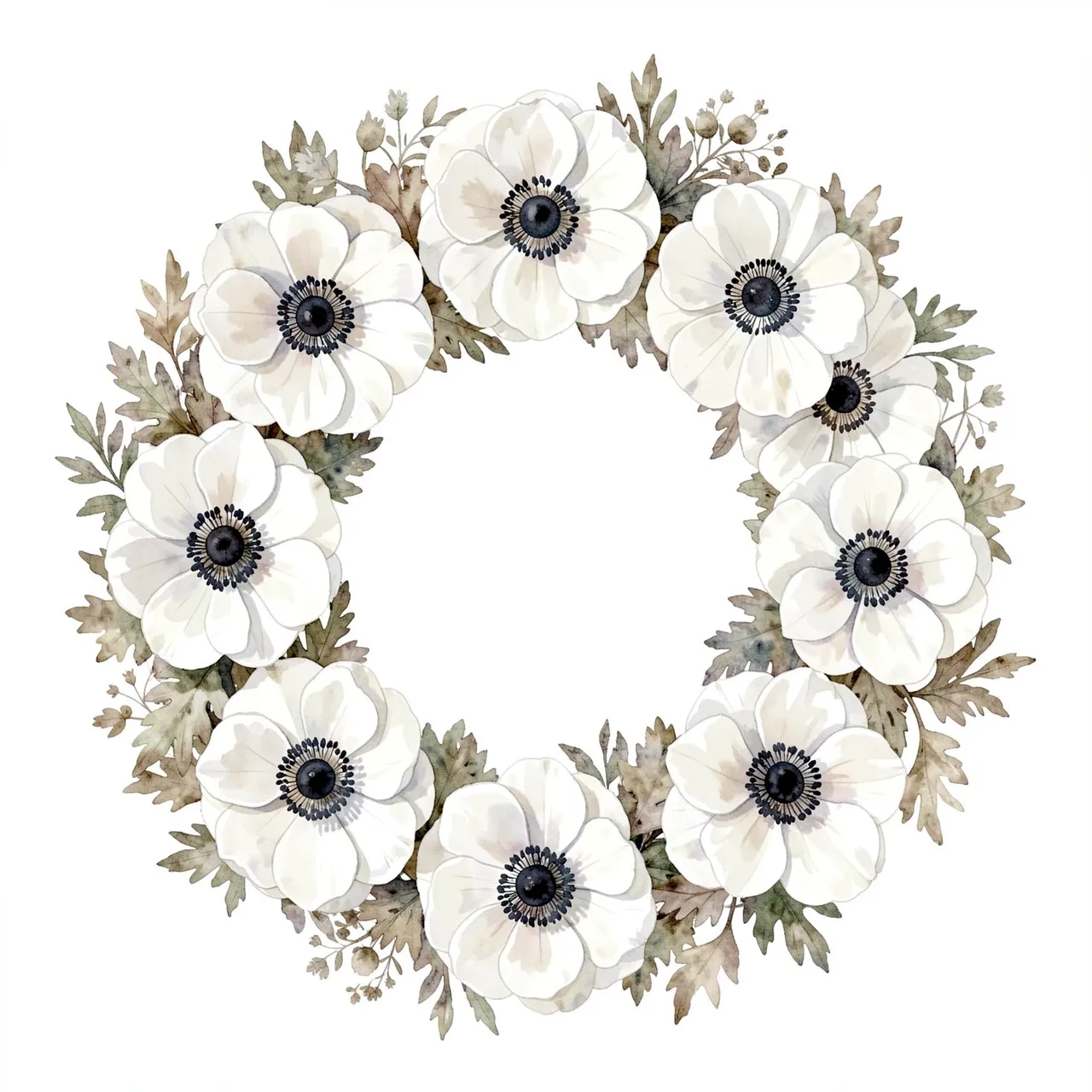 A loose watercolor wreath of white anemone flowers with dark centers and muted dusty foliage on a plain white background