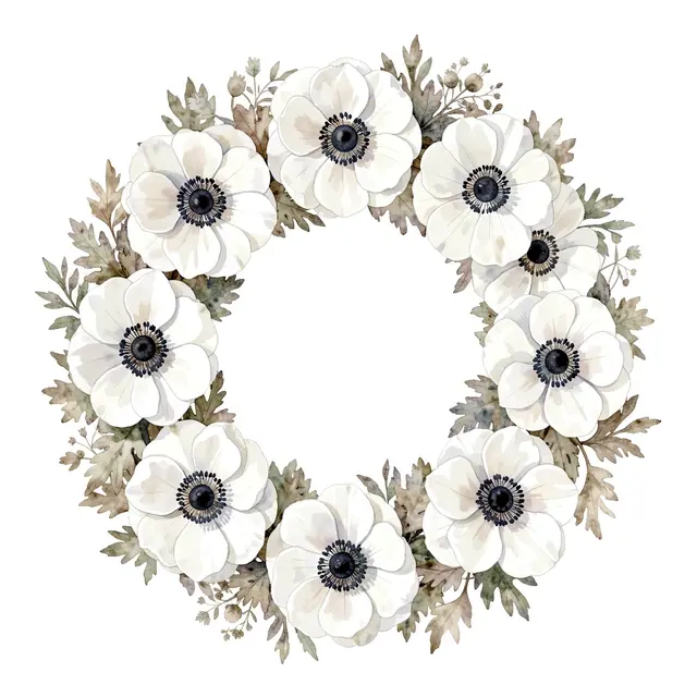 A loose watercolor wreath of white anemone flowers with dark centers and muted dusty foliage on a plain white background