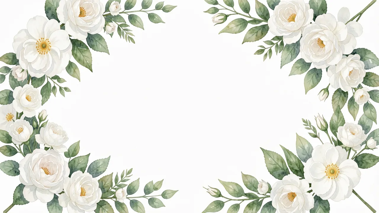 A symmetrical watercolor frame of white roses and green leaves surrounds blank central copy space on a white background