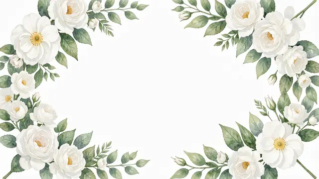 A symmetrical watercolor frame of white roses and green leaves surrounds blank central copy space on a white background