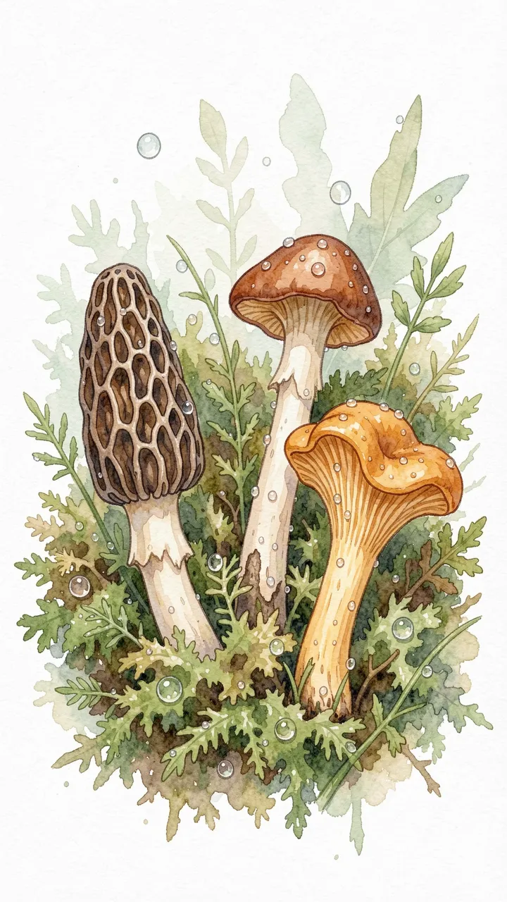Watercolor illustration of morel, chanterelle, and forest mushrooms resting in moss with dewdrops against a light background