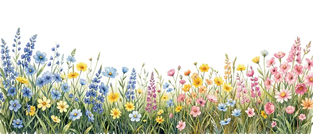A horizontal watercolor border of blue, yellow and pink wildflowers against a plain white background.