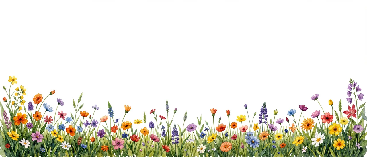 A delicate watercolor illustration of mixed wildflowers growing along the bottom edge, with wide blank white space above.