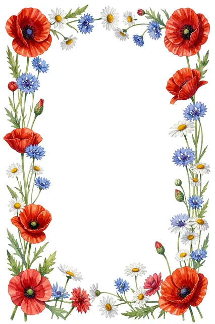 Watercolor wildflower border of poppies, cornflowers and chamomile framing a blank white central space