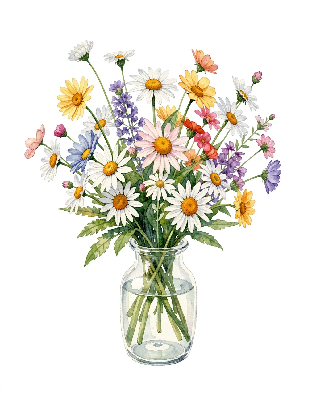A loose watercolor bouquet of mixed wildflowers and daisies sits in a small clear glass vase against a plain white background