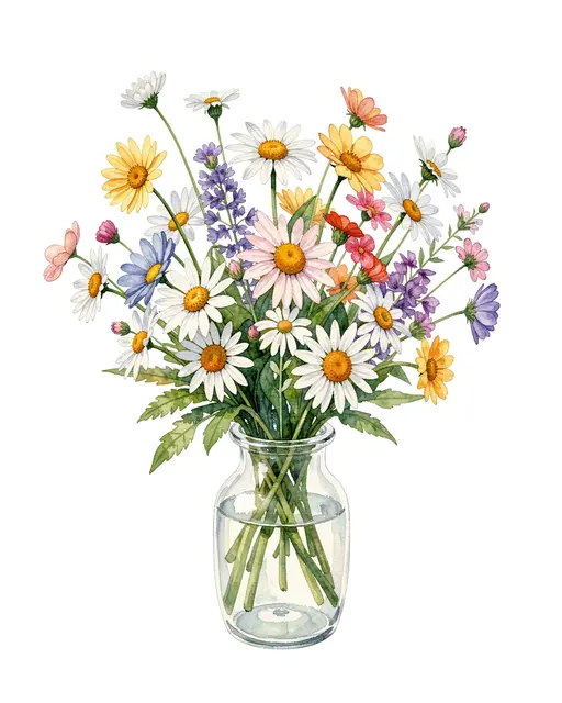A loose watercolor bouquet of mixed wildflowers and daisies sits in a small clear glass vase against a plain white background