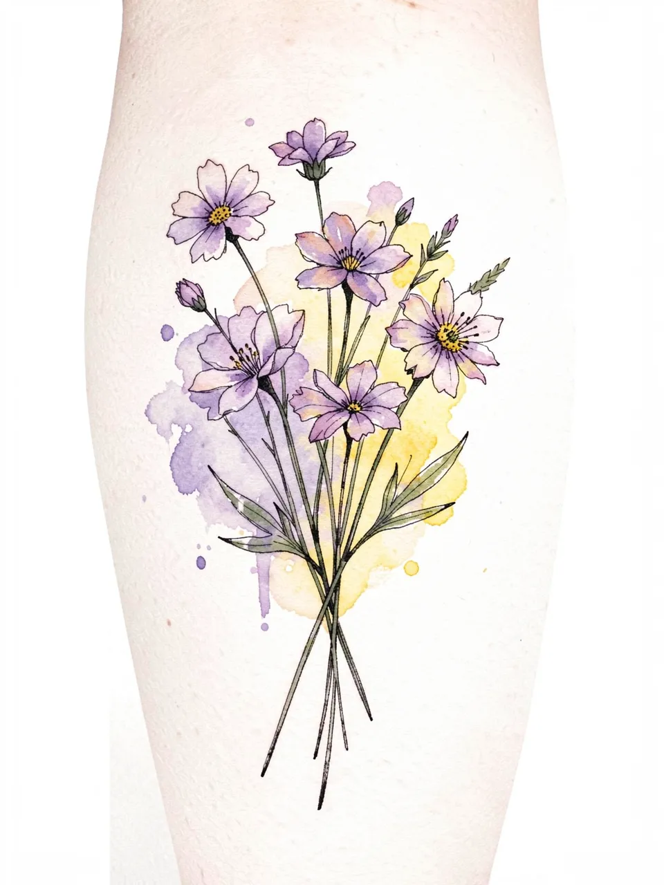 Watercolor and ink wildflower bouquet design with lilac and yellow washes on a light paper textured surface
