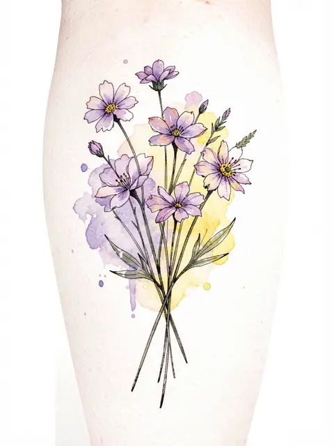 Watercolor and ink wildflower bouquet design with lilac and yellow washes on a light paper textured surface