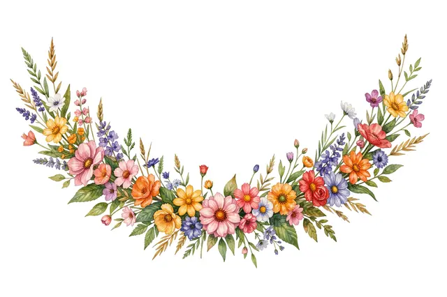 Curved watercolor floral garland of mixed wildflowers and meadow grasses on a plain white background