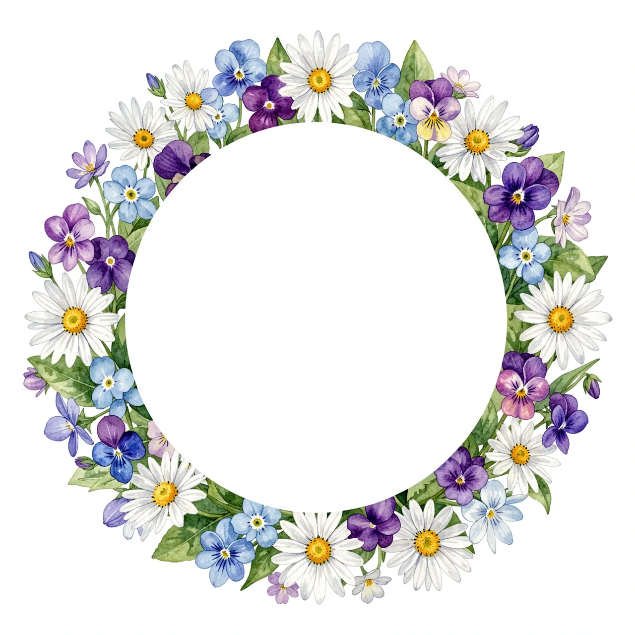 A round watercolor floral wreath of daisies, violets and forget-me-nots surrounds an empty white central copy space