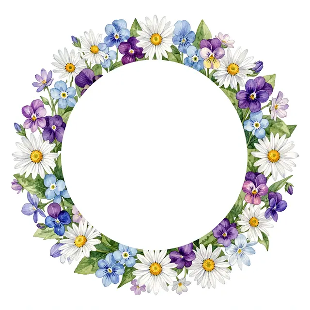 A round watercolor floral wreath of daisies, violets and forget-me-nots surrounds an empty white central copy space