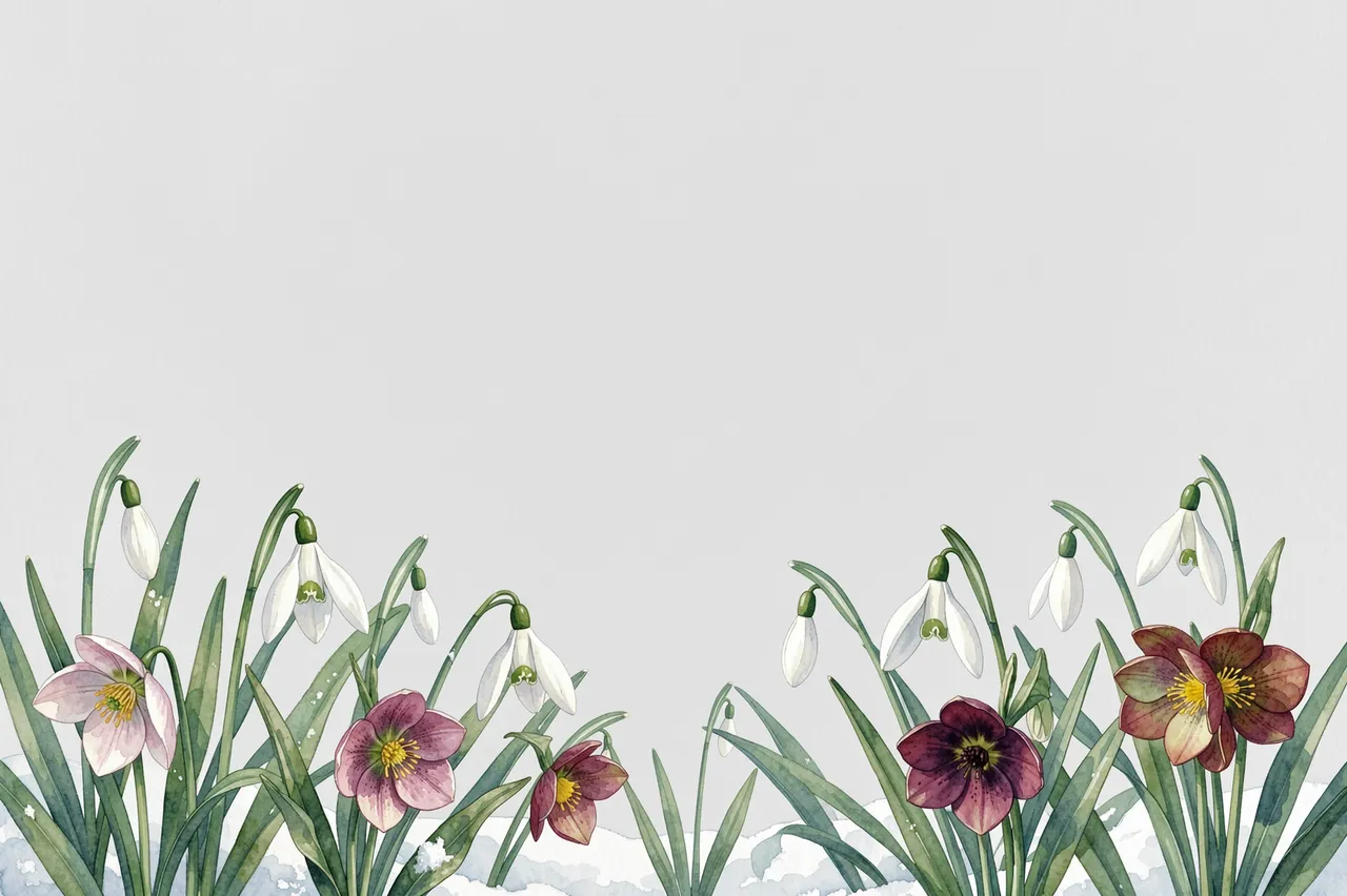 Delicate watercolor snowdrops and hellebores line the bottom edge of an empty pale gray background