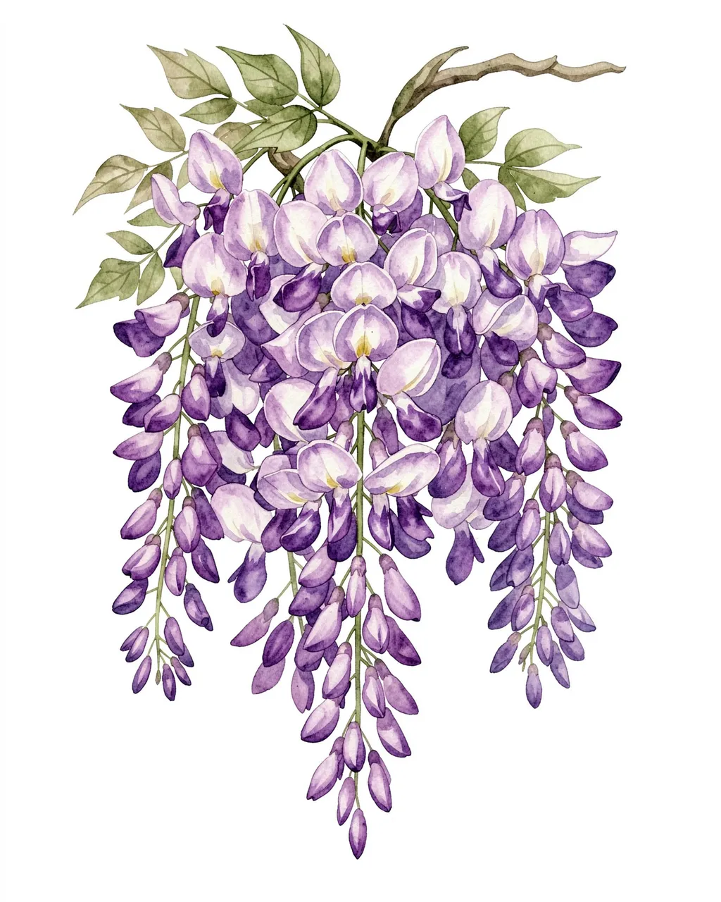 Hanging cluster of purple and white wisteria blossoms with green leaves on a plain white background, rendered in watercolor