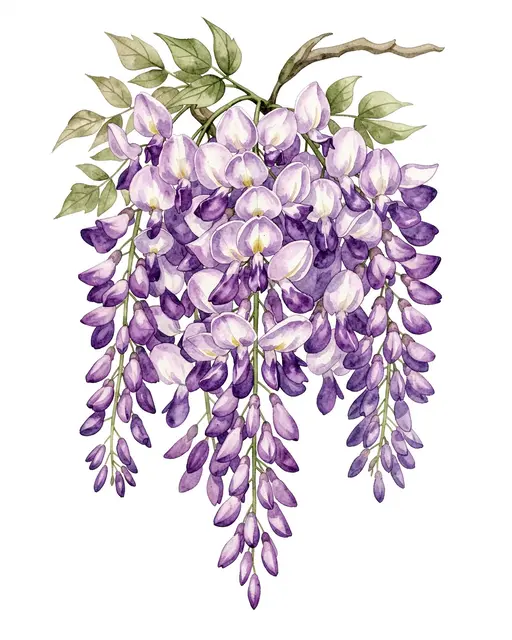 Hanging cluster of purple and white wisteria blossoms with green leaves on a plain white background, rendered in watercolor