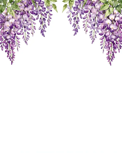 Hanging lilac wisteria clusters in watercolor fill the top corners of an empty white background